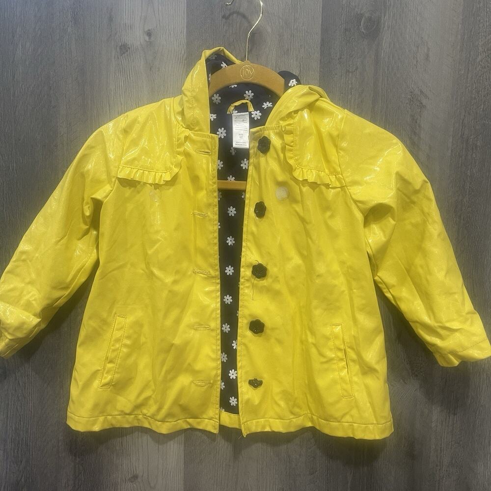 Rain Coat -Hooded - Yellow w/ Navy Flannel Floral Lining Girls 4T